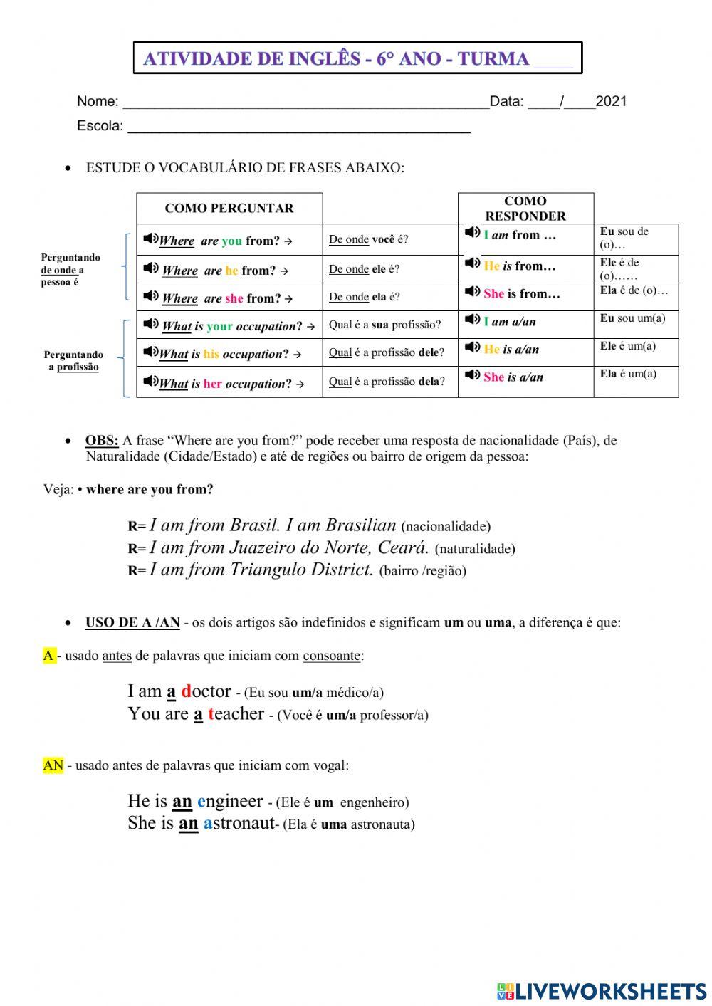 6° ano - INGLÊS - 29-04-21