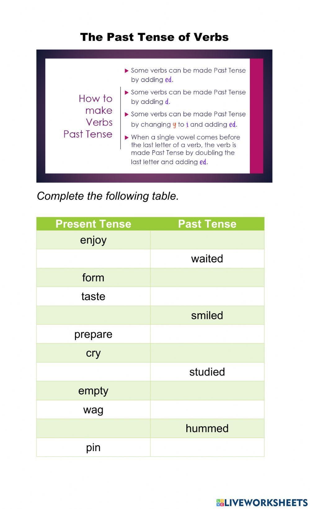 The Past Tense of Verbs worksheet Live Worksheets