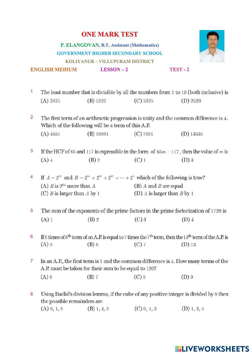 Class 10 Maths English Medium Lesson2 Test 2