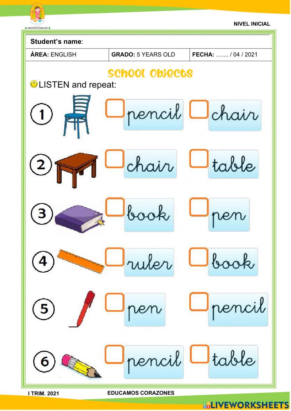 School objects online exercise for Kinder | Live Worksheets