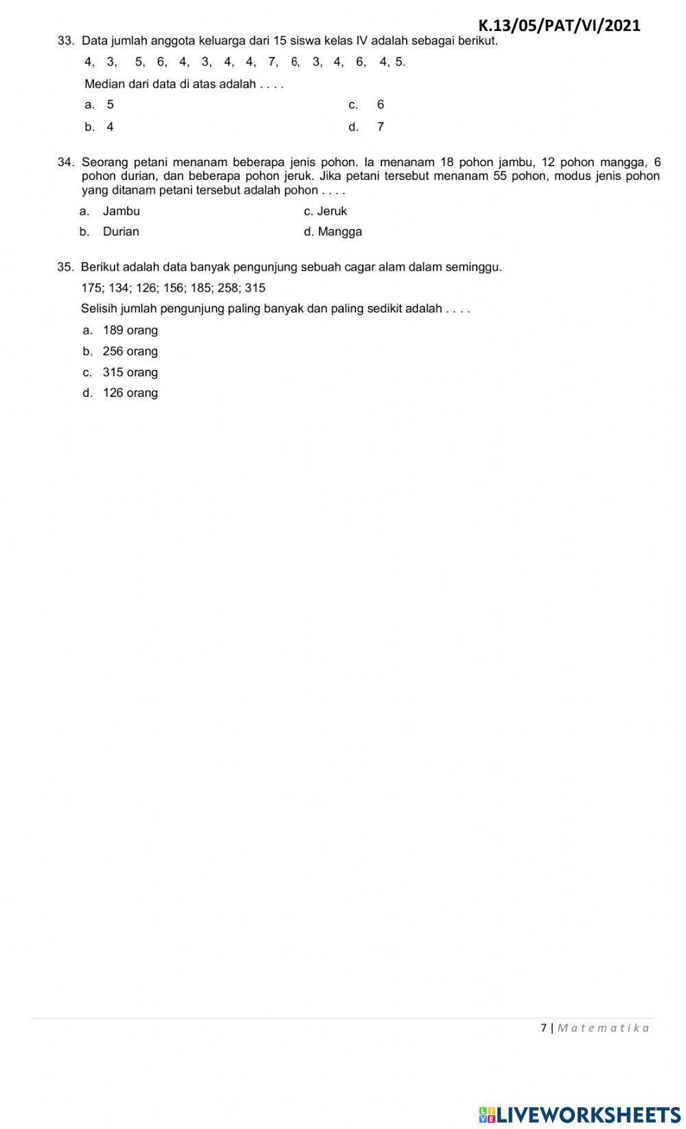 Penilaian Akhir Tahun (PAT) Matematika SDN Cibuluh 4