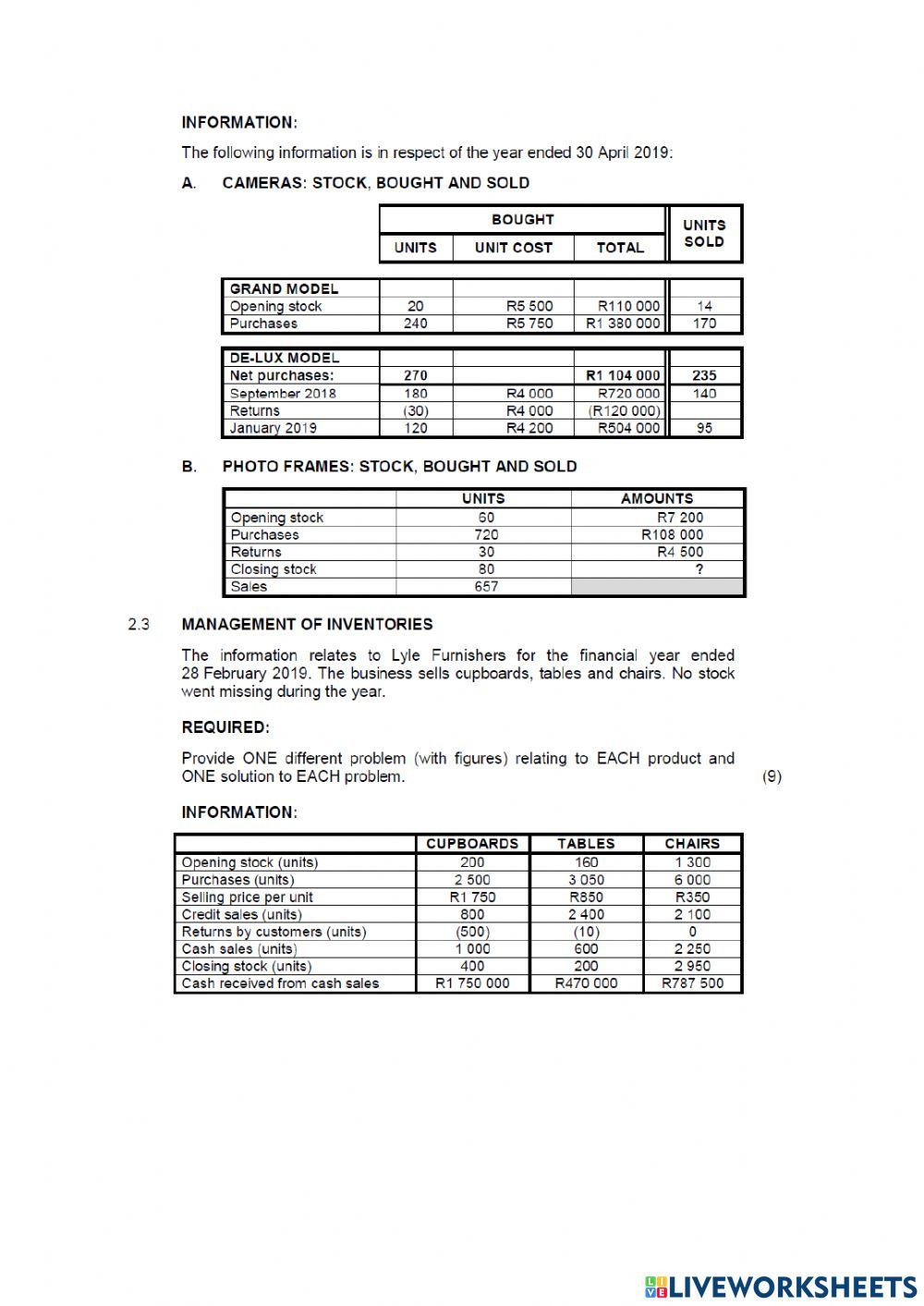 Question 2 inventory valuation worksheet live worksheets