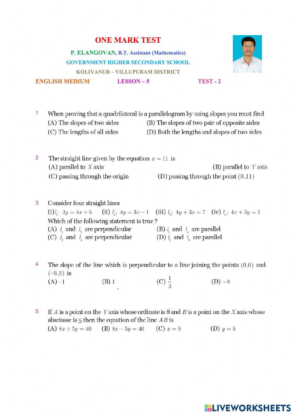 Class 10 Maths English Medium Lesson5 Test2