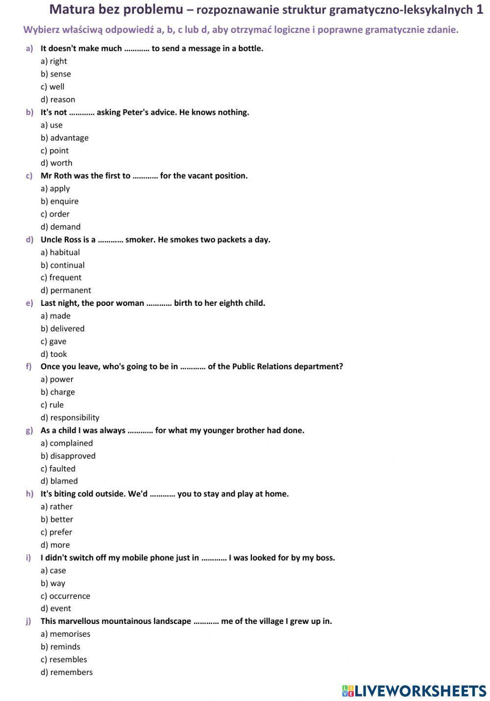 Matura - zadanie gramatyczno-leksykalne 1