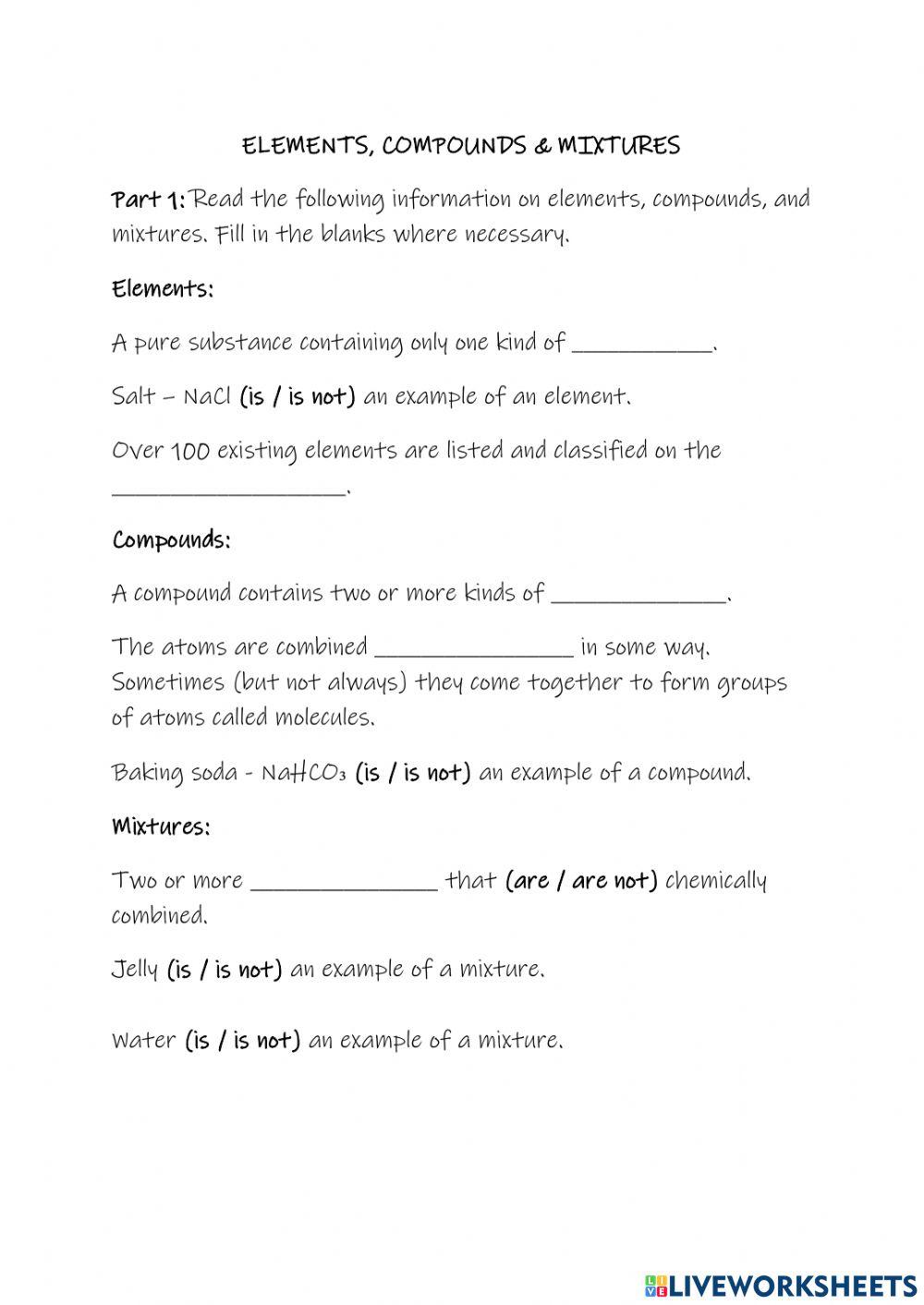 element-compounds-and-mixtures-worksheet-live-worksheets