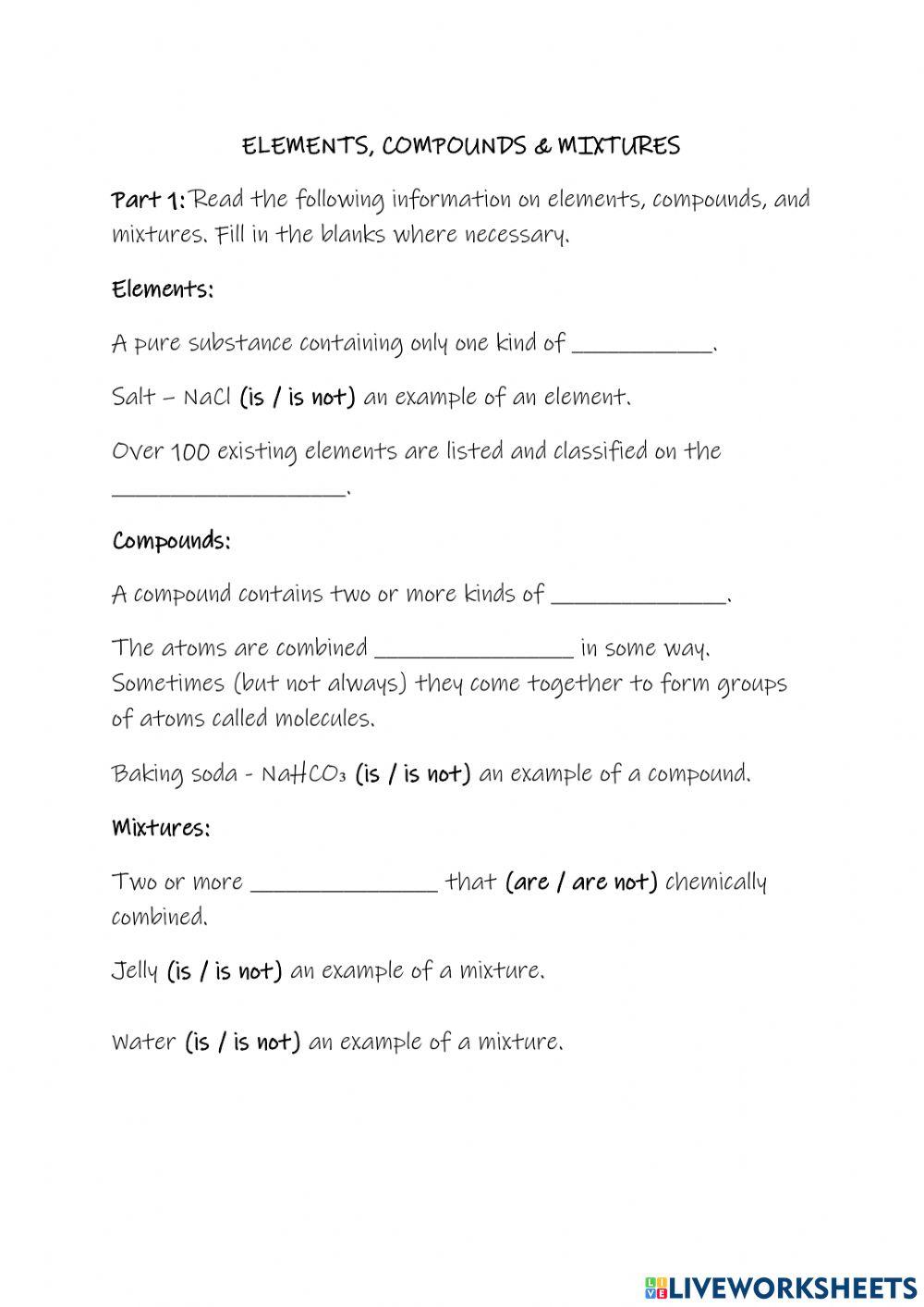 Element, compounds and mixtures