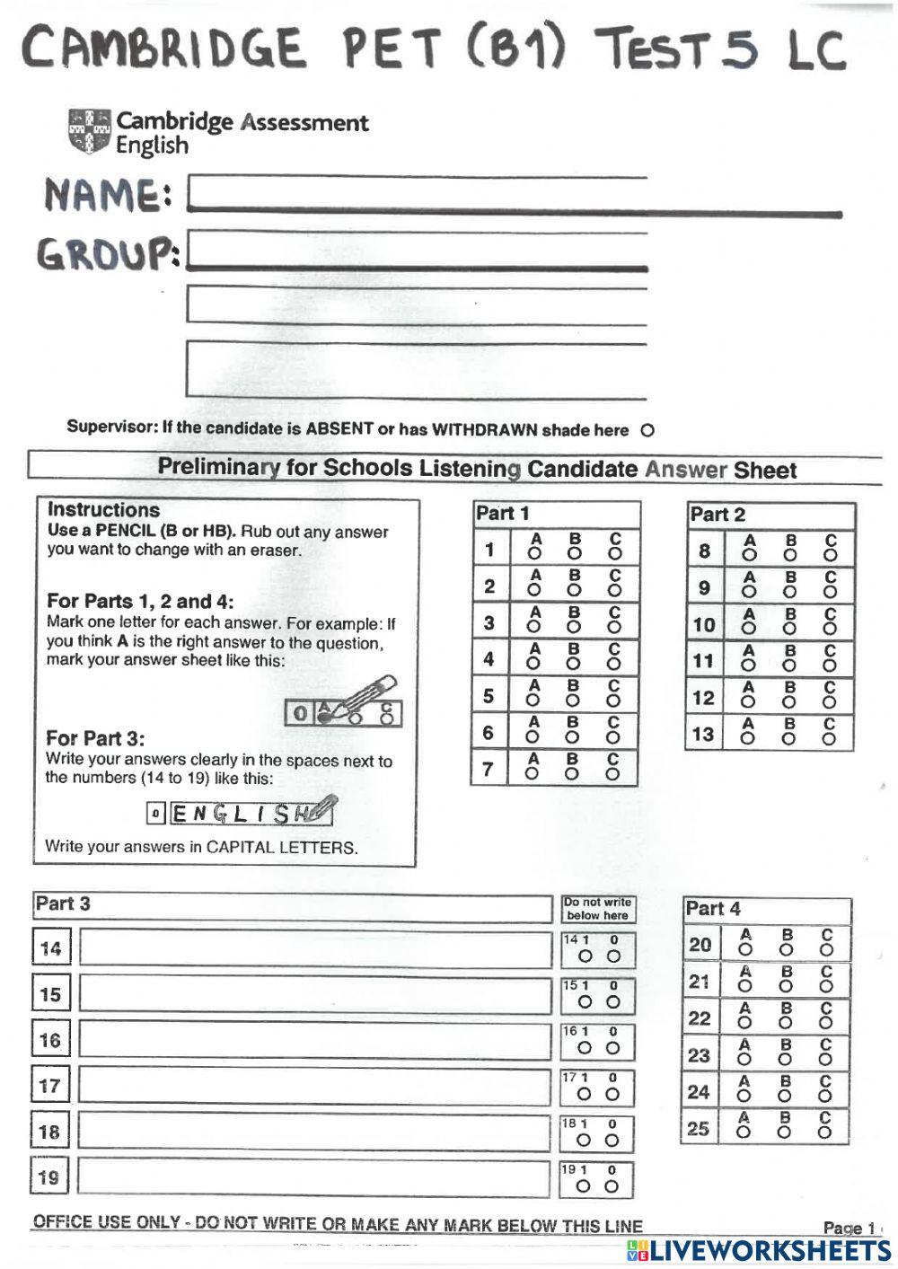 PET B1 TEST 5 LISTENING