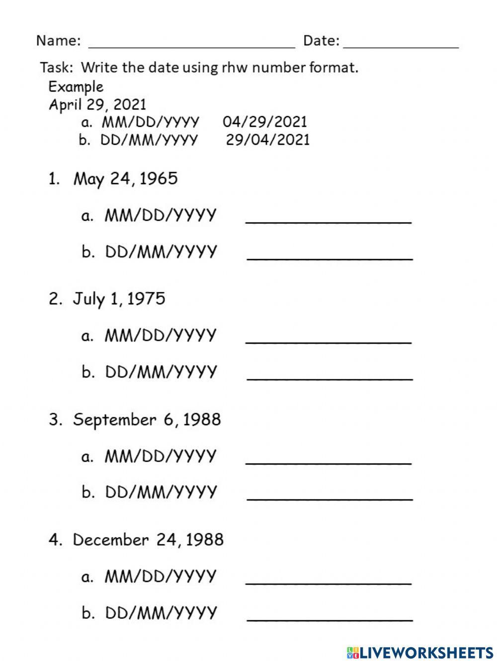 Writing dates 6565470 eiline delena live worksheets