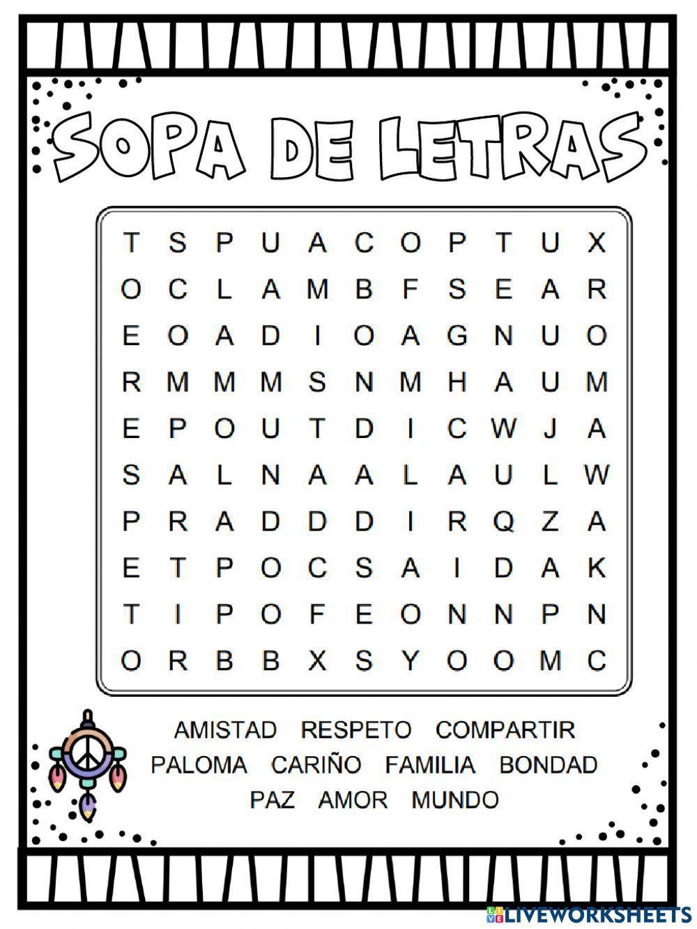 Sopa de letras sobre Los Valores