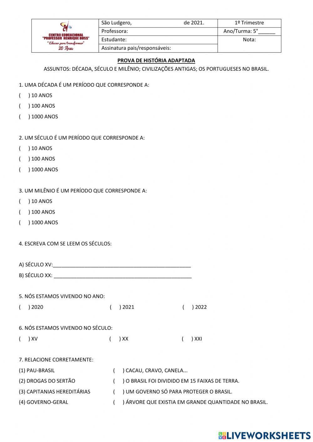 Avaliação de História Adaptada