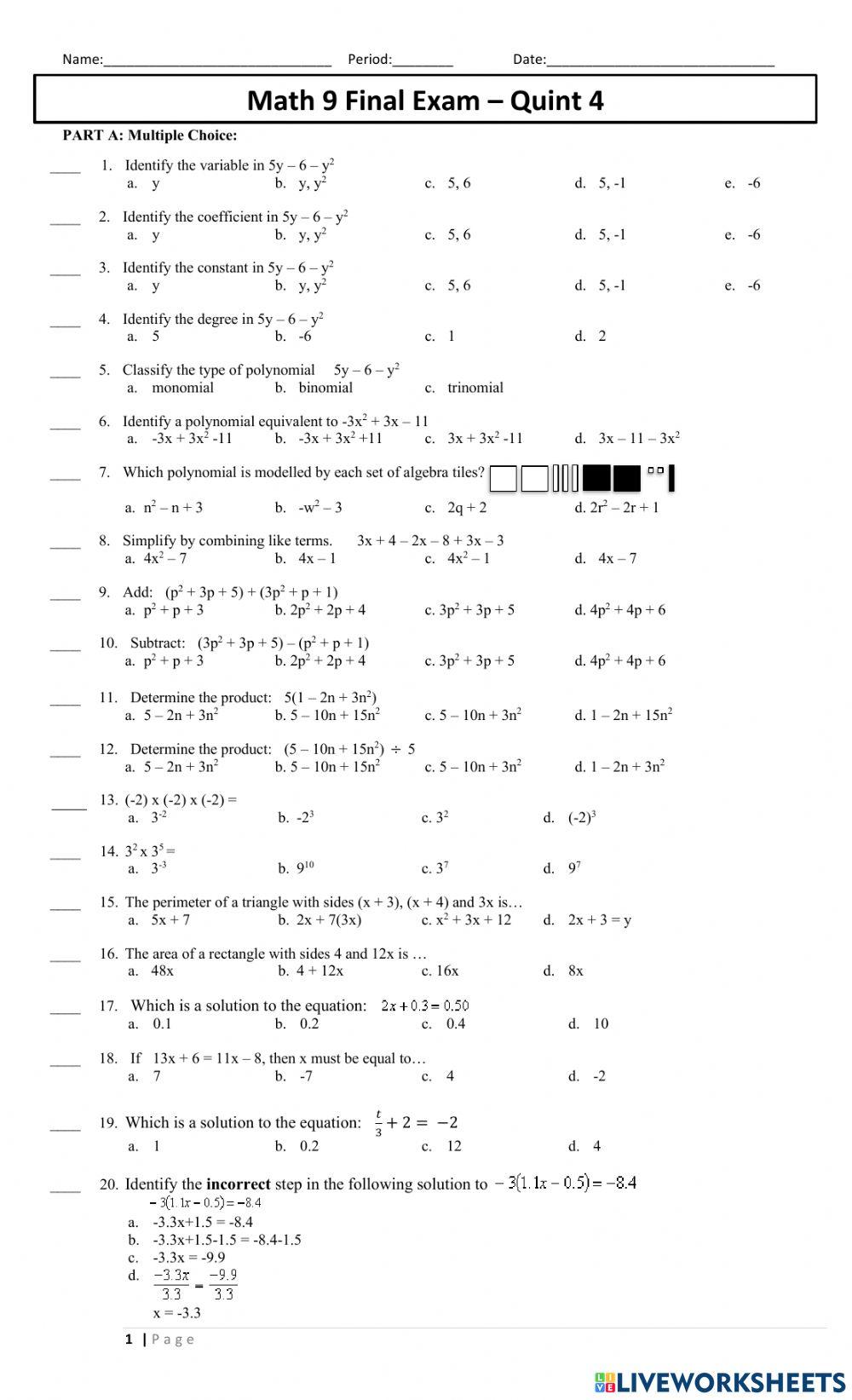 Math 9 Final Exam Semester 2