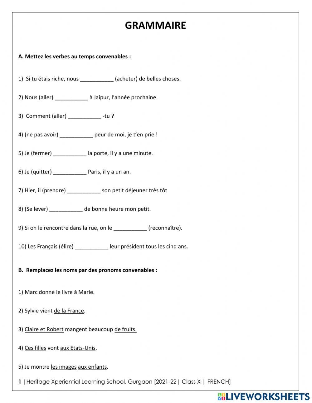 Holiday Homework HXLS Grade 10 Grammaire