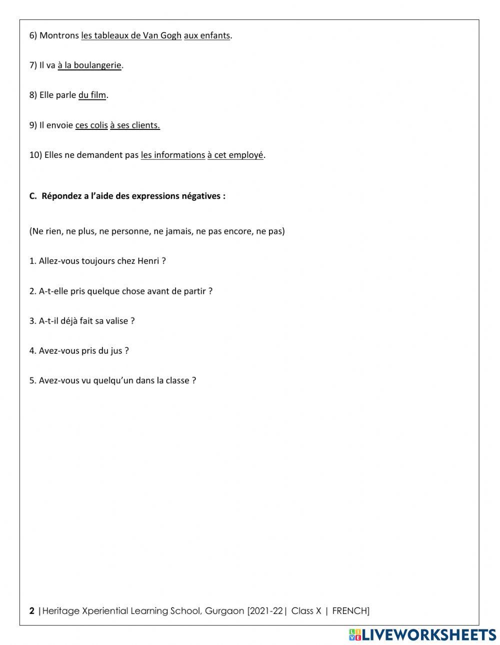 Holiday Homework HXLS Grade 10 Grammaire