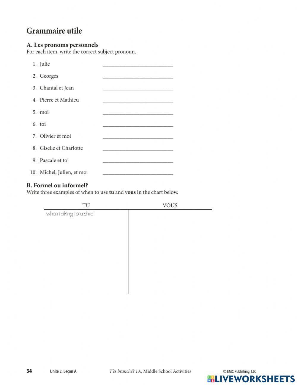 Les pronoms personnels sujets 2