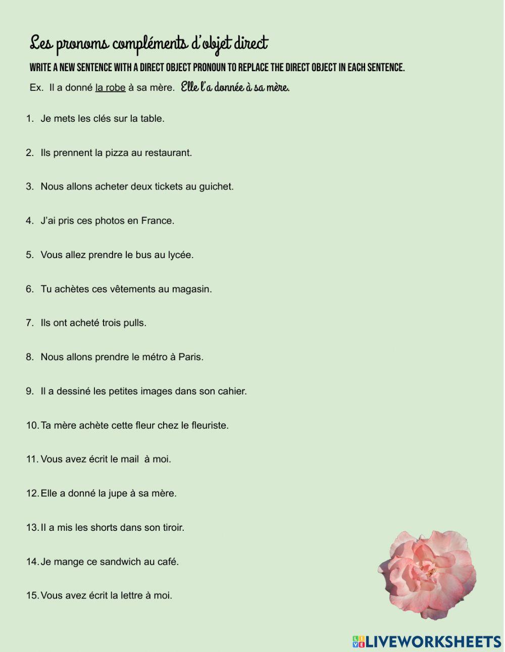 French direct object pronoun worksheet