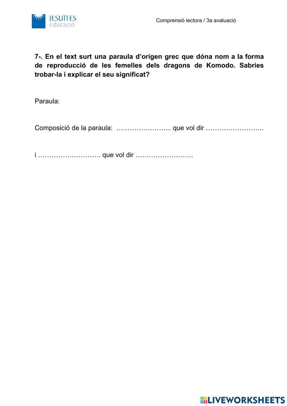 Lectura comprensiva català: El dragó de Komodo