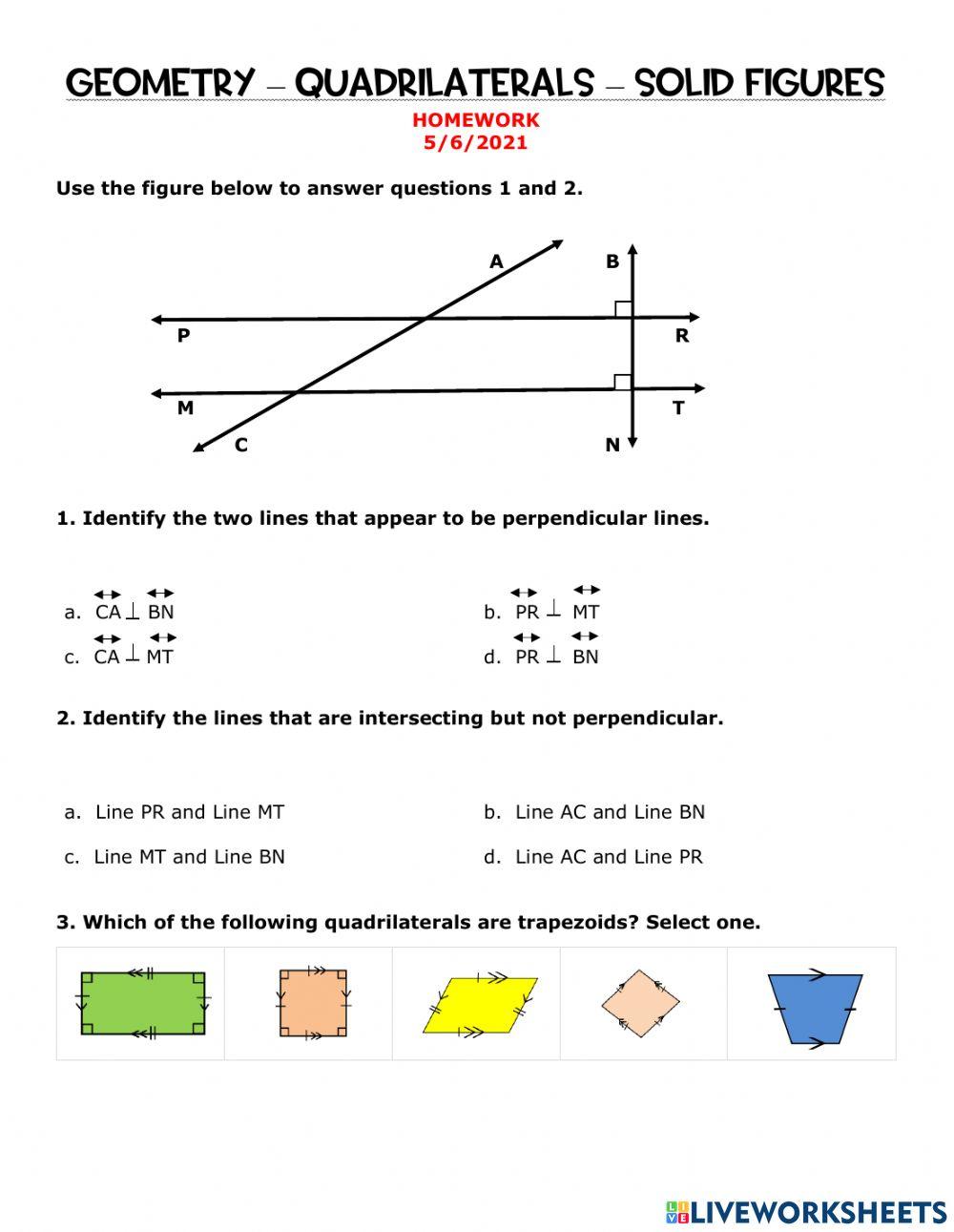 Geometry Quadrilaterals Worksheet