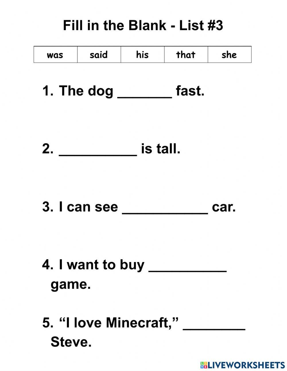 WOW - List 3 - 5 words - Missing Letter