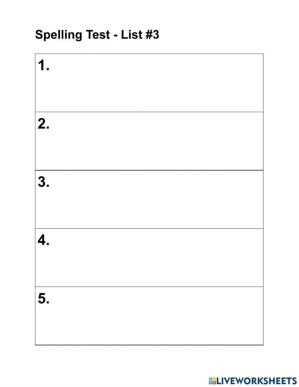 WOW - 5 words - List 3 - Spelling Test Template