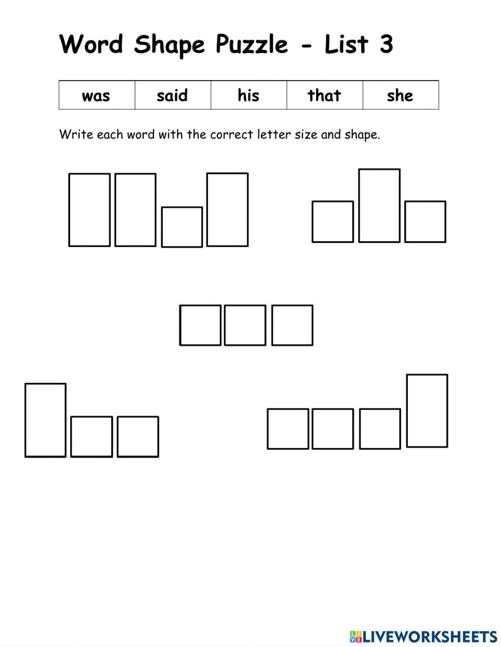 WOW - 5 words - List 3 - Word Shape Puzzle
