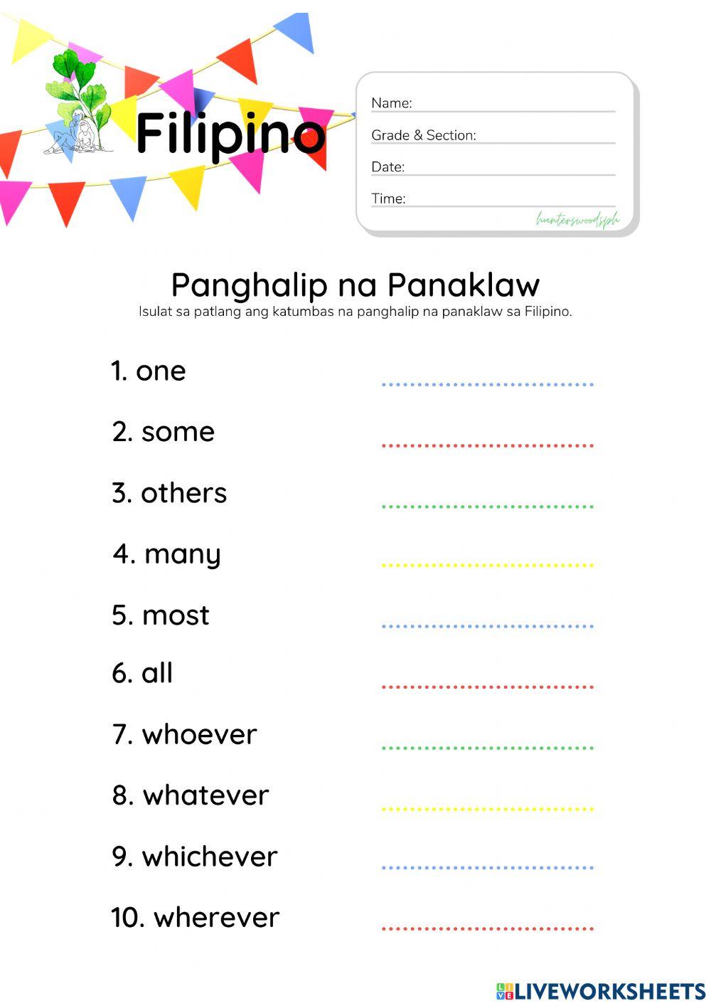 Panghalip na Panaklaw Worksheet (HuntersWoodsPH Filipino)