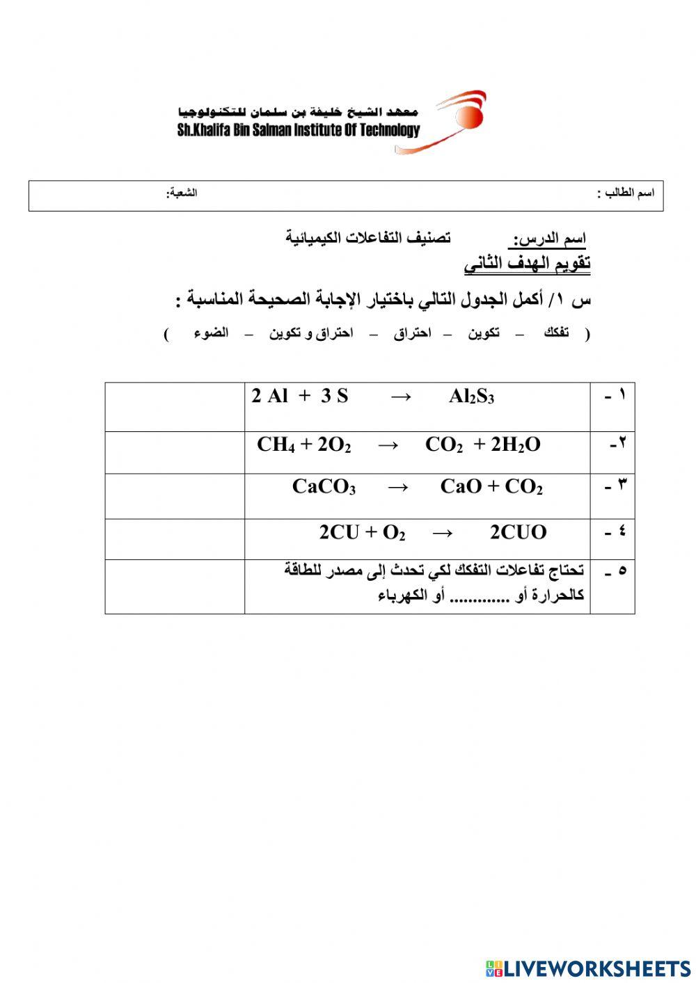 تصنيف التفاعلات الكيميائية 2