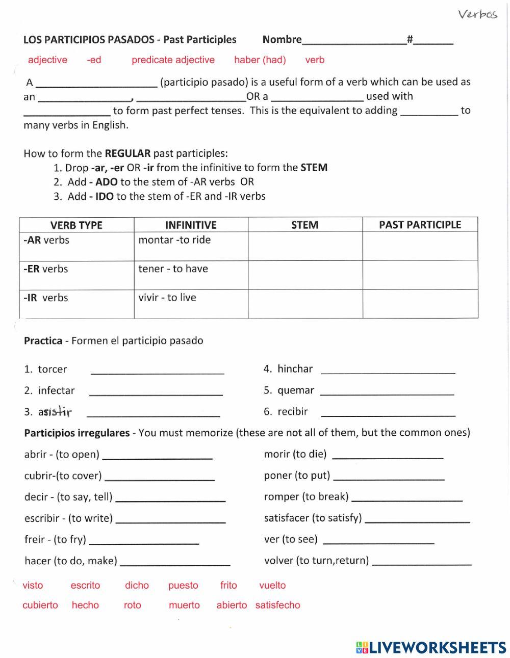 Past participles as adjectives worksheet Live Worksheets