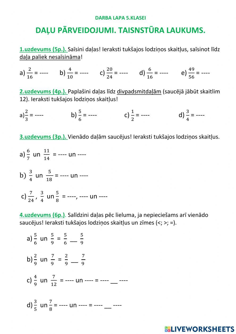 Daļu pārveidojumi. Taisnstūra laukums.