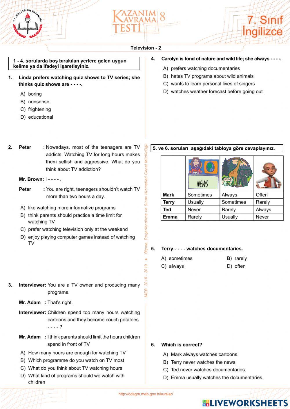 Kazanım testleri television-2 -7 th grade