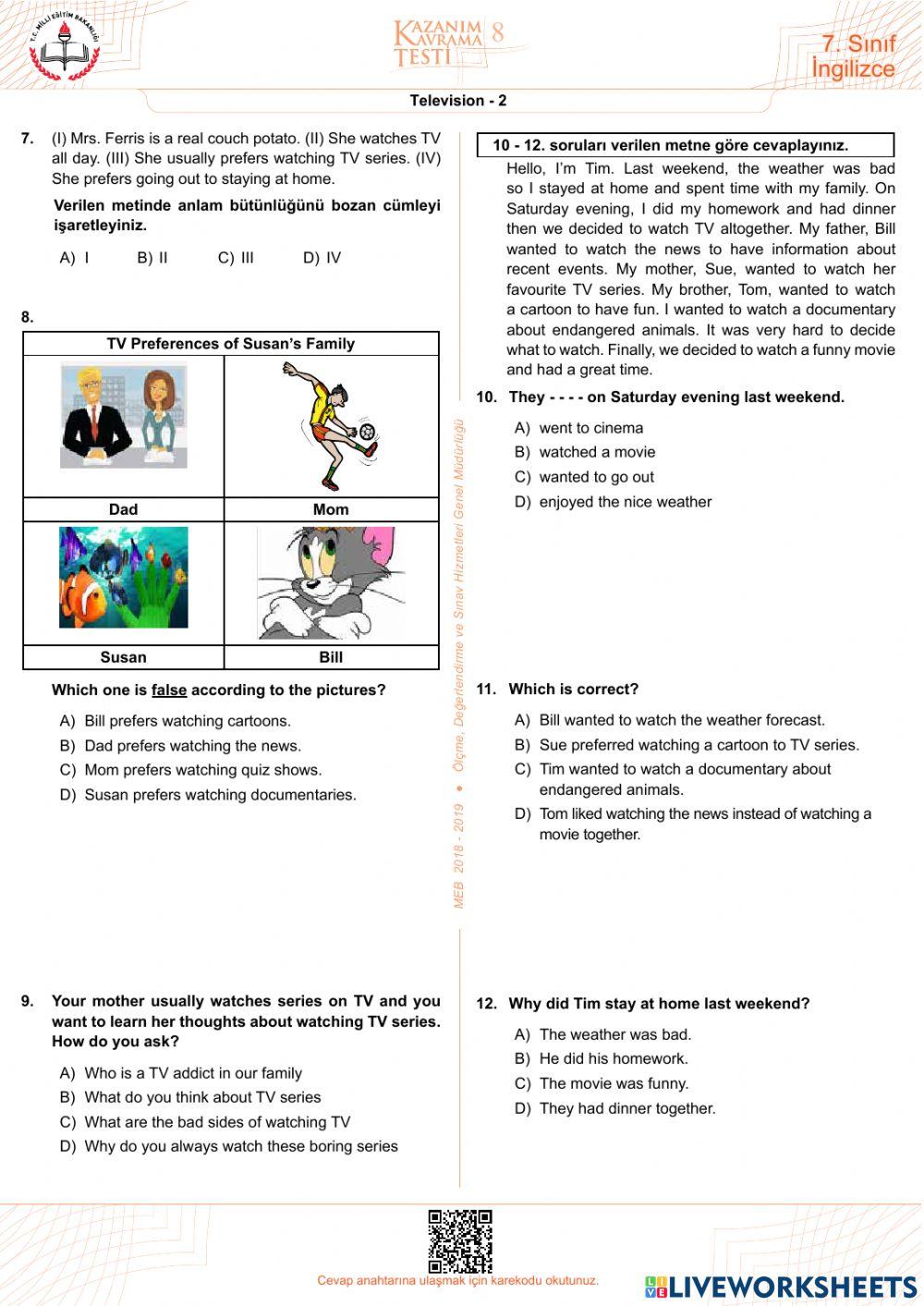 Kazanım testleri television-2 -7 th grade