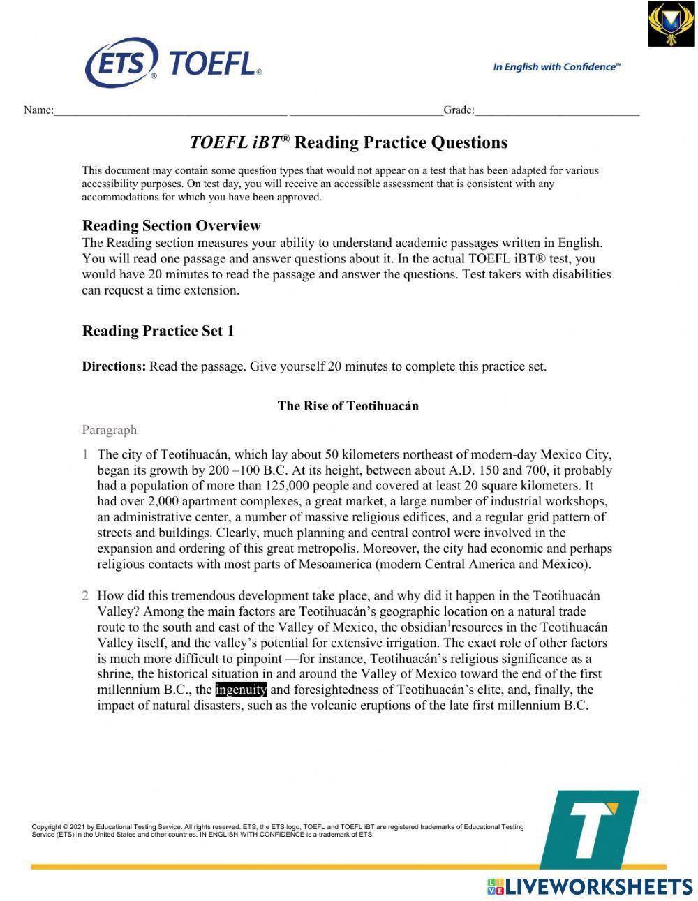 TOEFL iBT® Reading Practice Questions