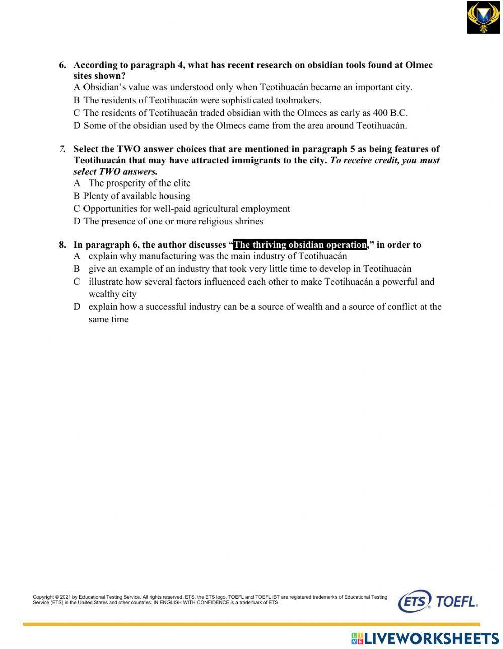 TOEFL iBT® Reading Practice Questions