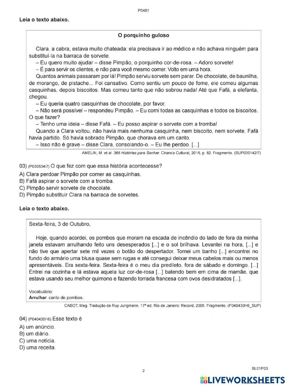 Avaliação diagnóstica português