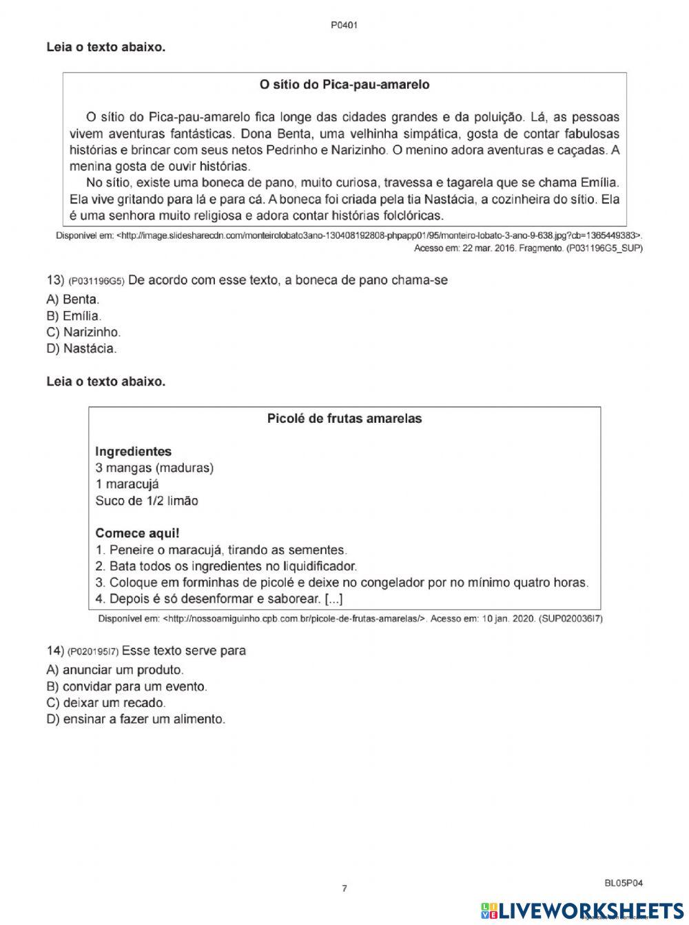 Avaliação diagnóstica português