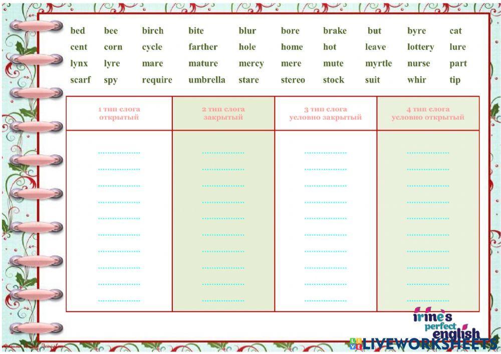 4 types of Syllables (reading)