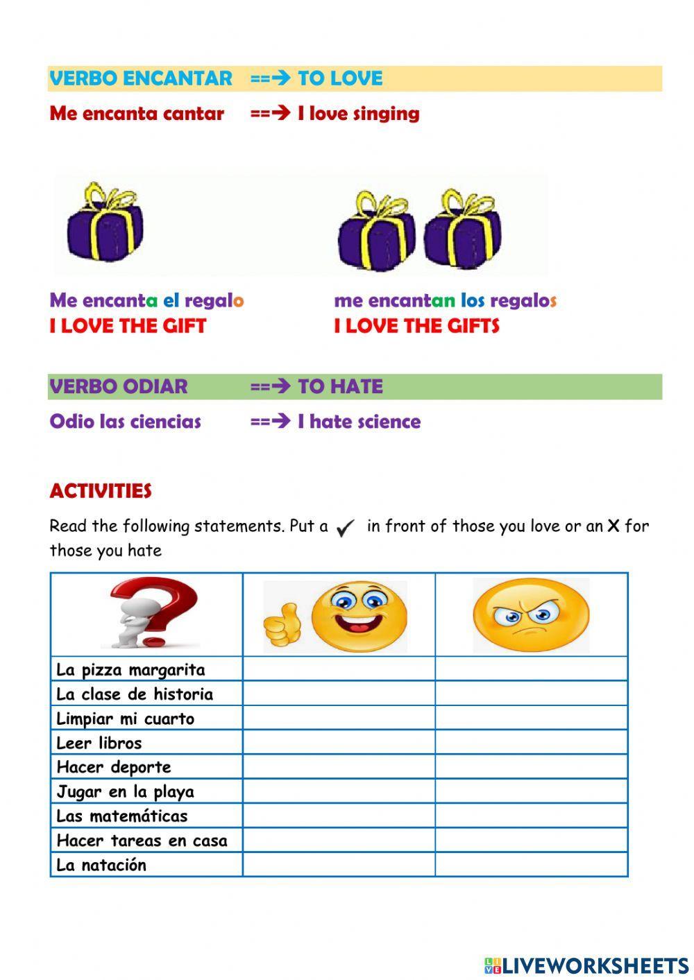 Actividades verbos gustar-encantar-odiar