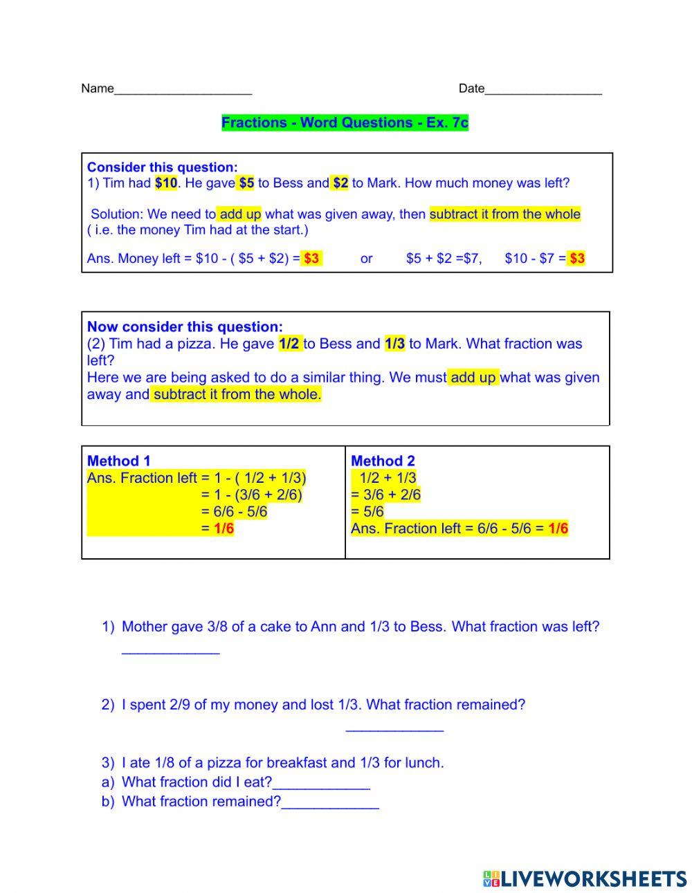 Fractions - Word Questions - Ex. 7c worksheet | Live Worksheets
