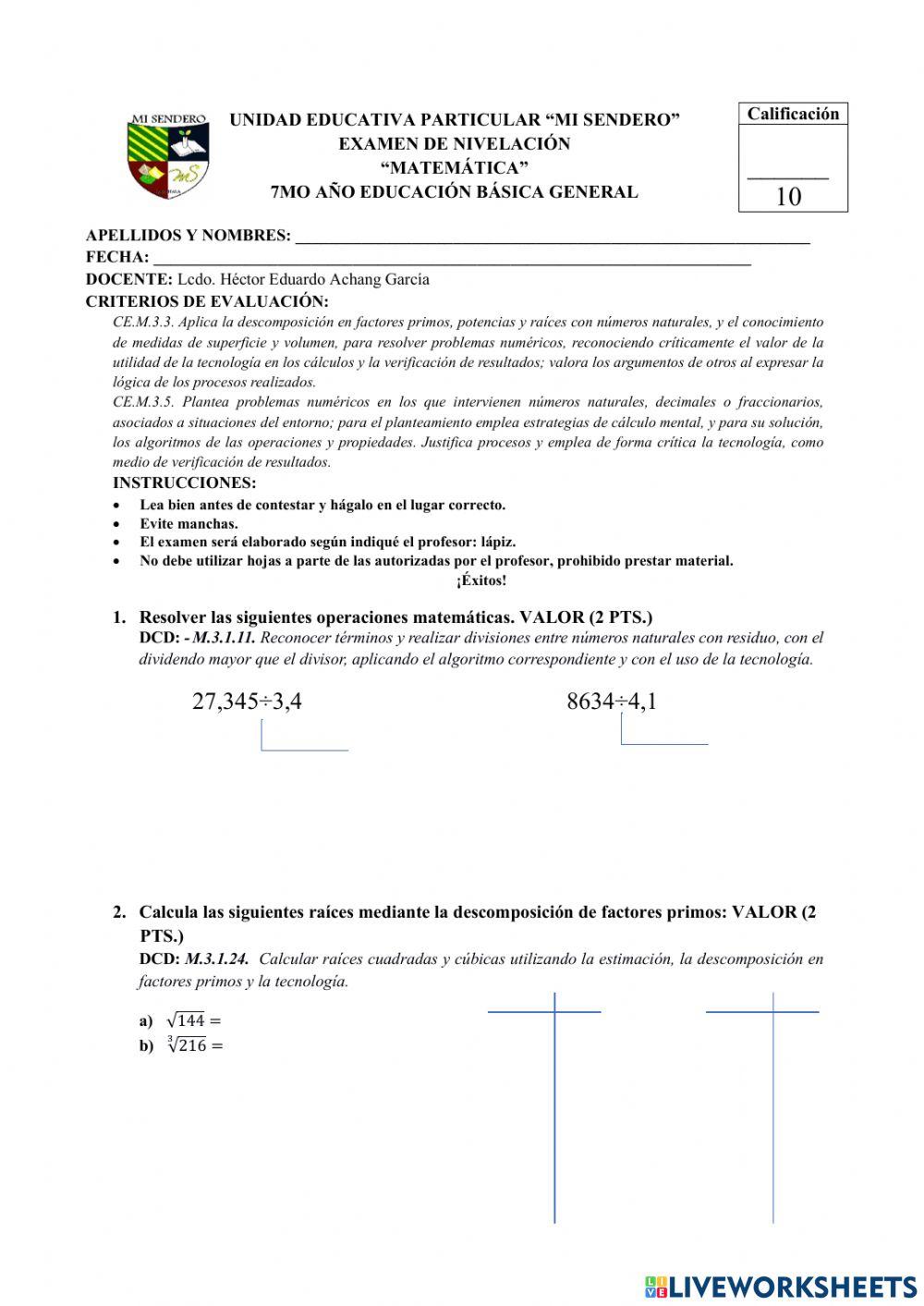 Examen de Nivelación 7mo Año