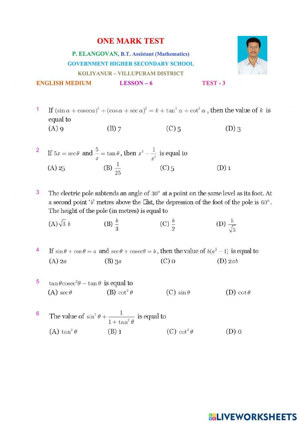 Class 10 Maths English Medium Lesson6 Test3