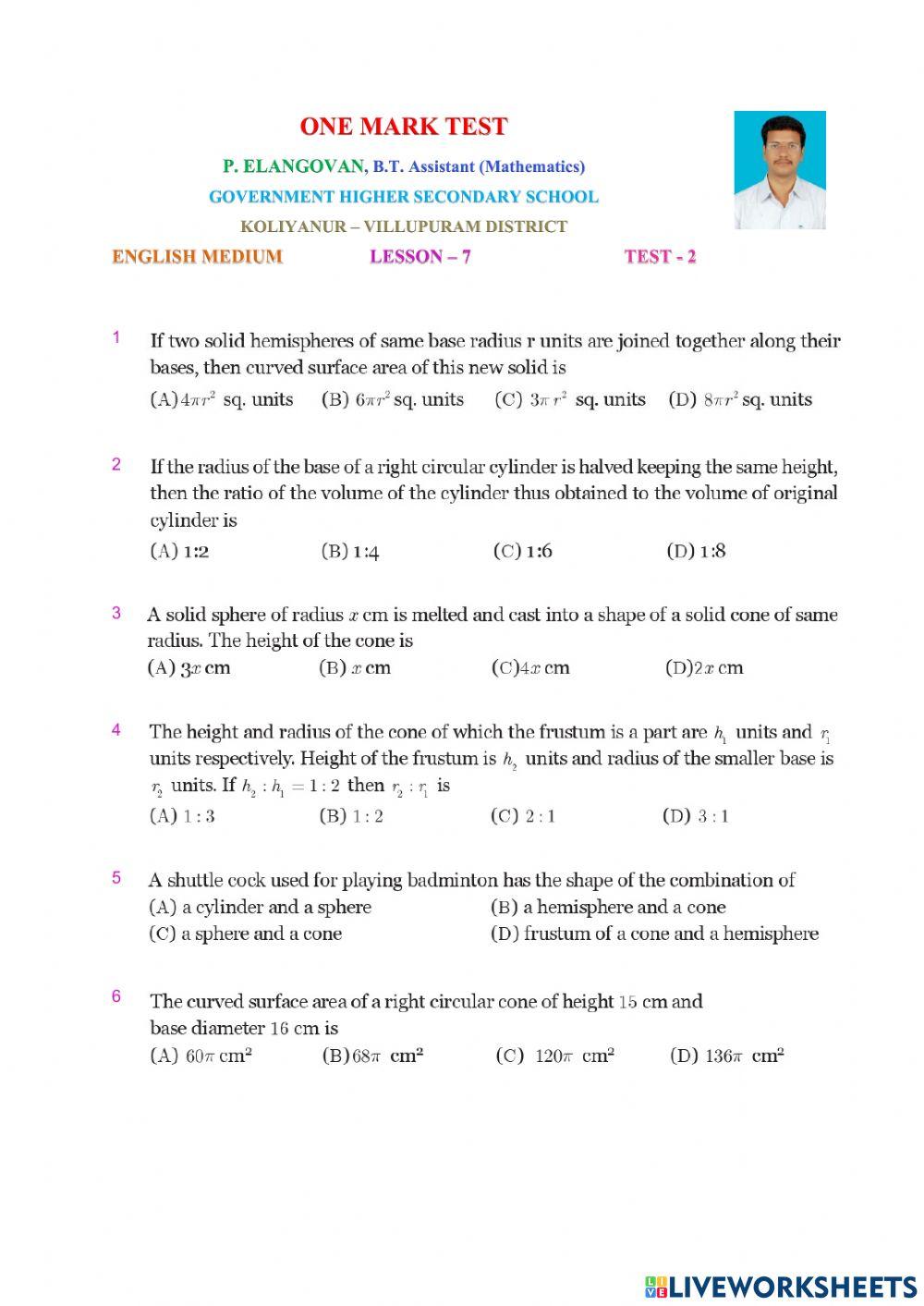 Class 10 Maths English Medium Lesson7 Test2