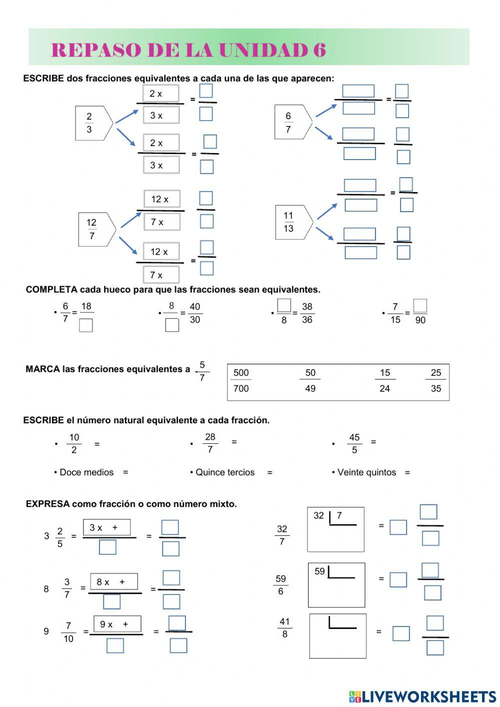 Fracciones equivalentes y números mixtos