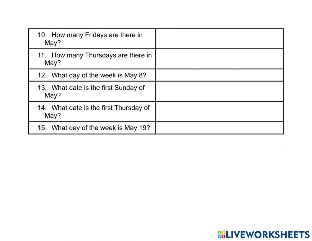 May 2021 Calendar and Questions