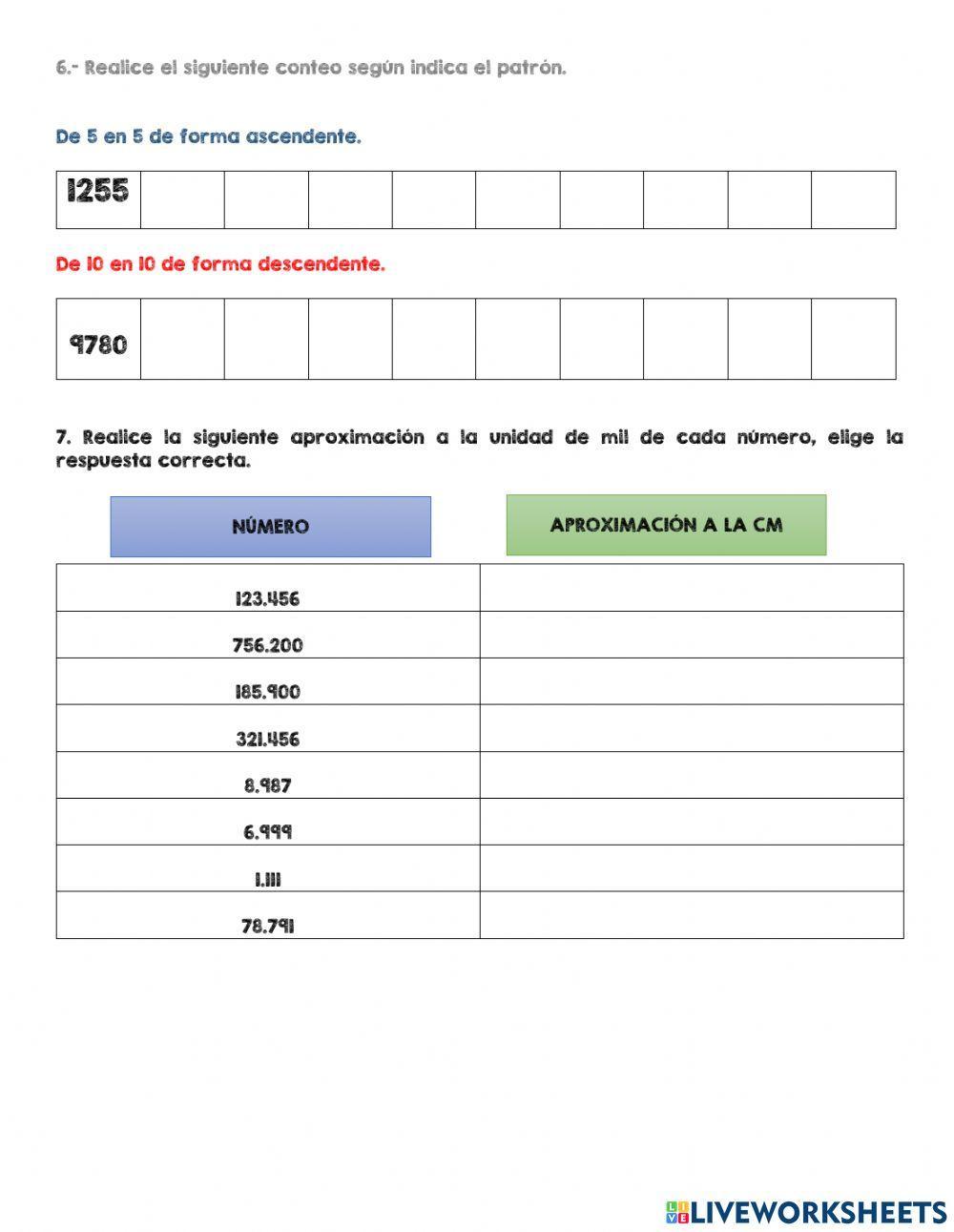 Escritura de numeros, descomposición, valor posicional, orden y comparación y conteo