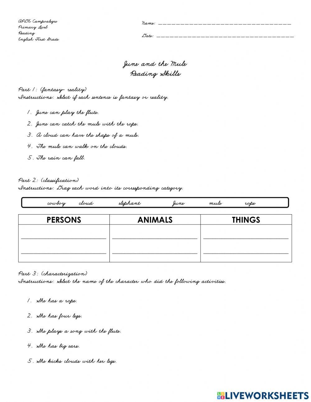 Reading skills: fantasy-reality-classification-characterization