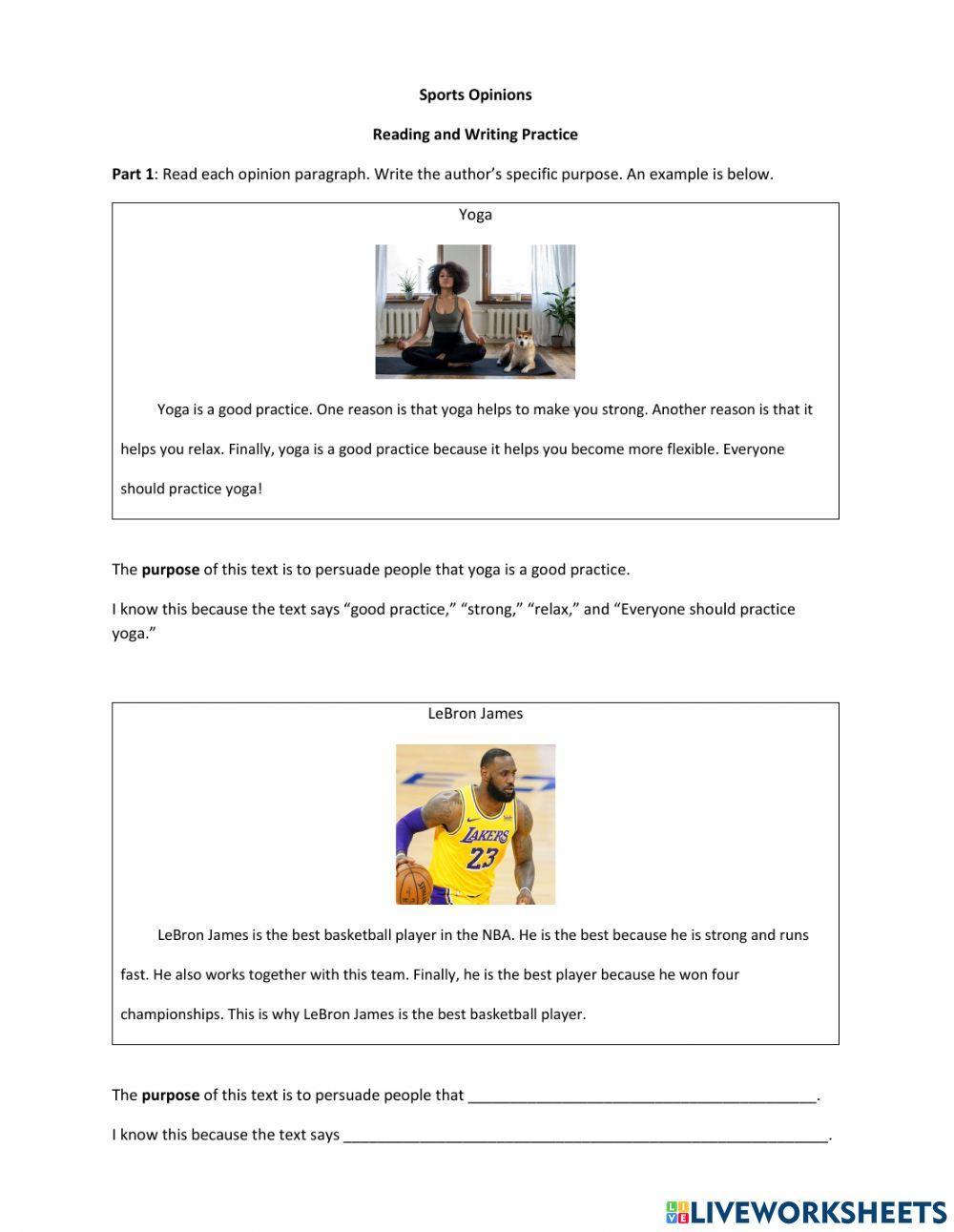 Sports Opinion Reading and Paragraph Writing
