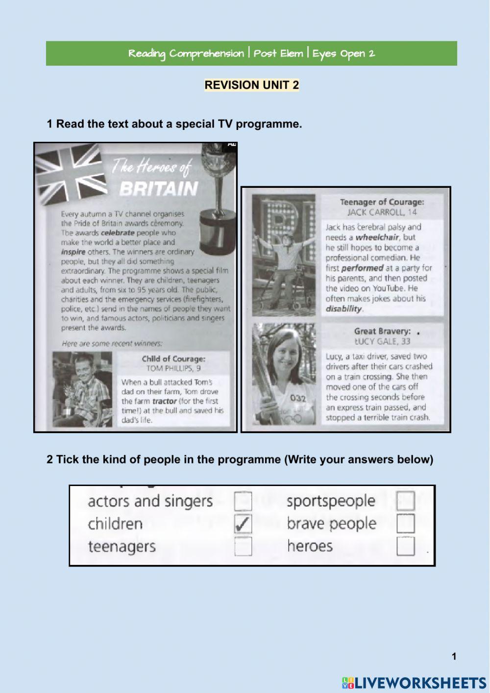 Reading Comprehension Practice- Eyes Open 2 units 1 and 2