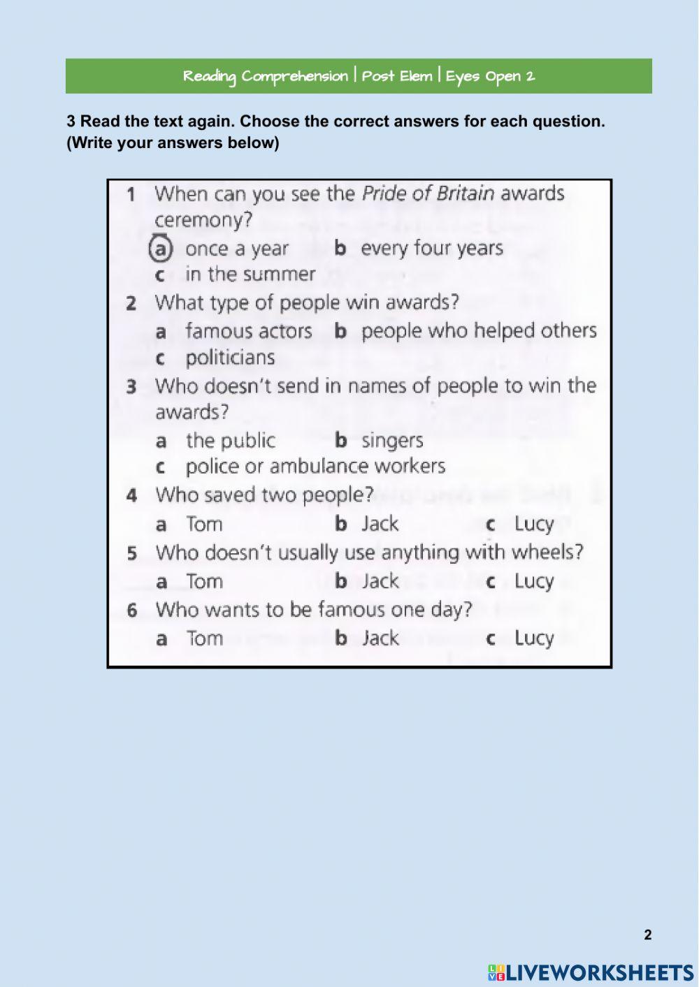 Reading Comprehension Practice- Eyes Open 2 units 1 and 2