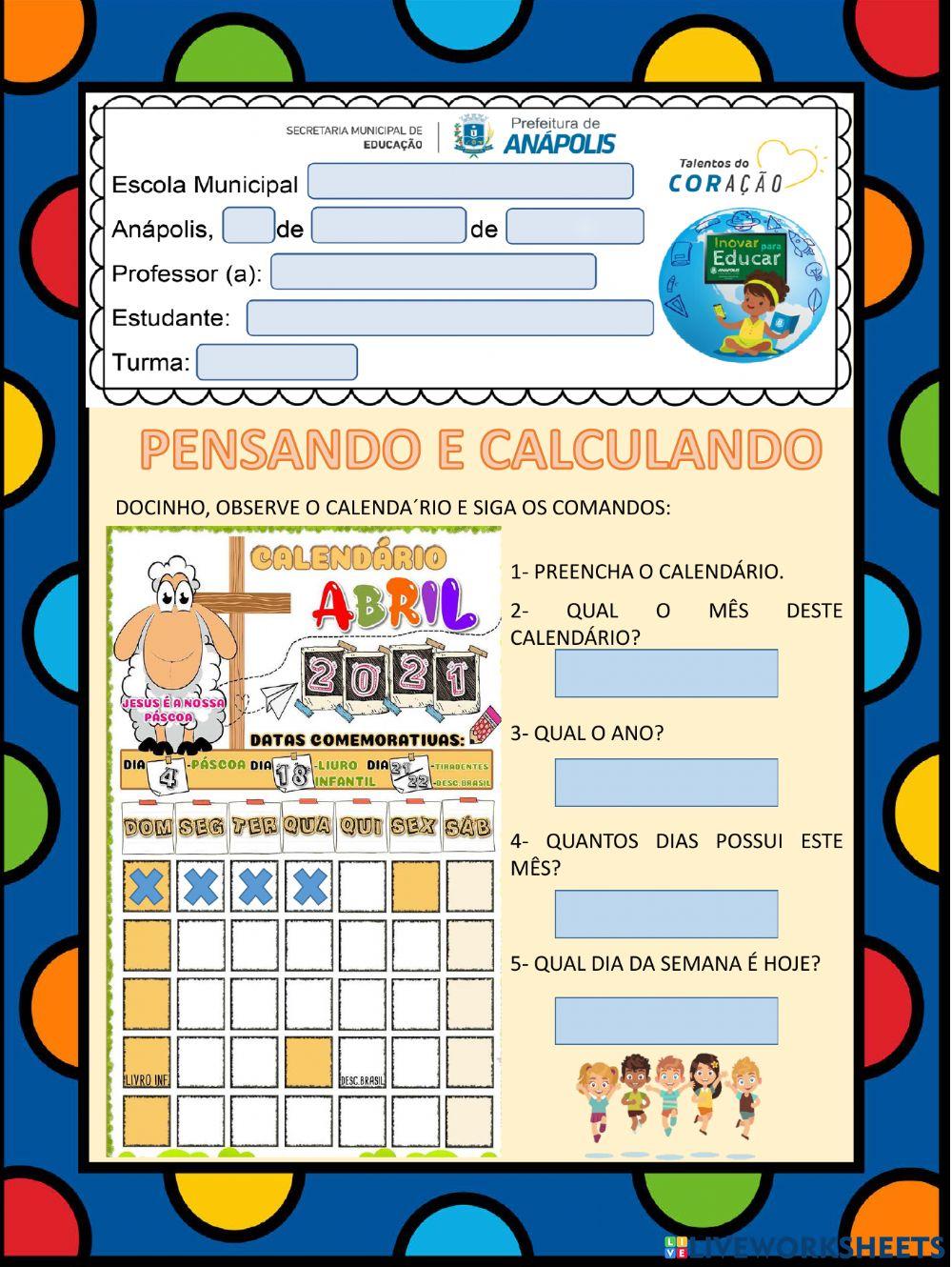 Calendário, ordem numérica e quantidade