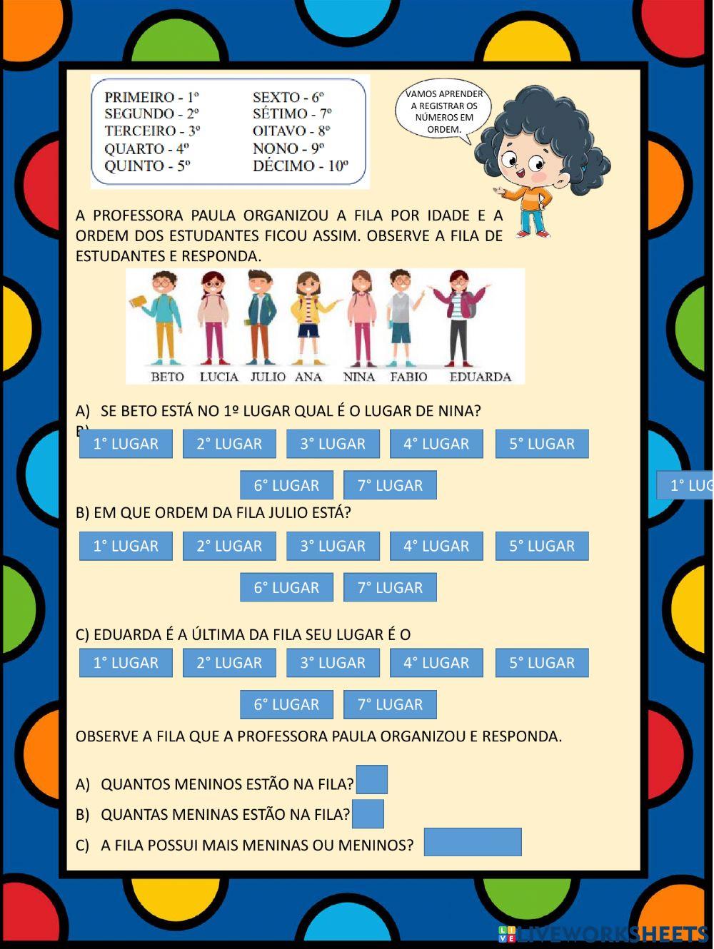 Calendário, ordem numérica e quantidade