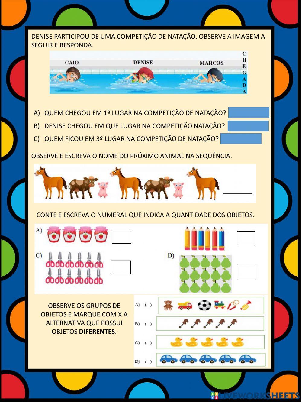 Calendário, ordem numérica e quantidade